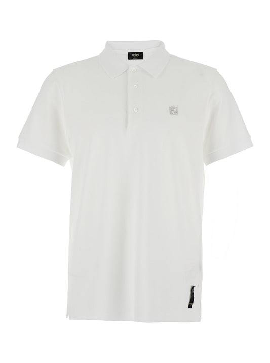 Fendi Men White Polo With Classic Collar And Metal Ff Plate On The Front For Men