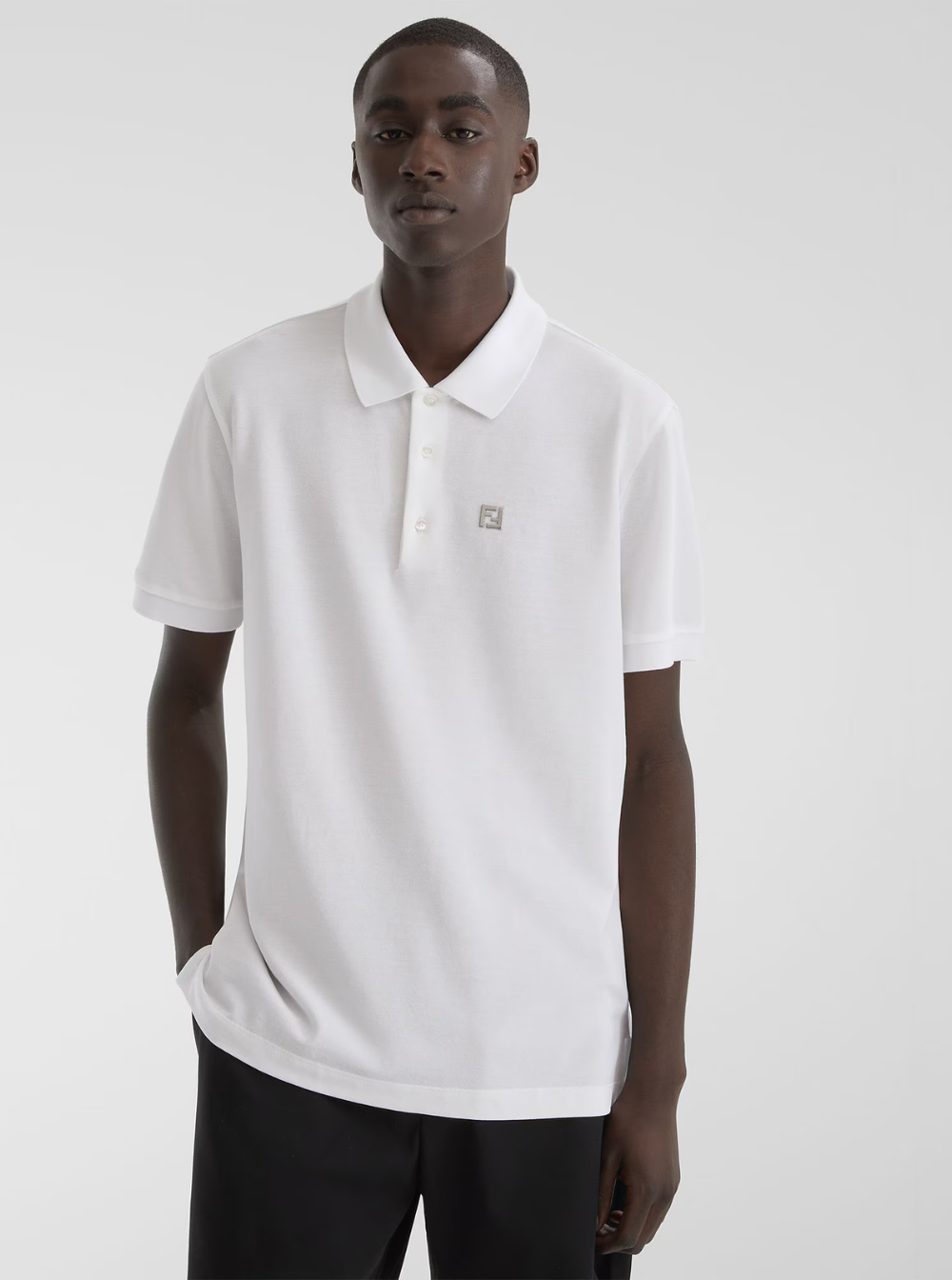 Fendi Men White Polo With Classic Collar And Metal Ff Plate On The Front For Men