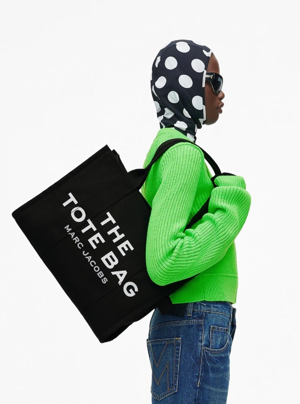 Marc Jacobs Women 'The Large Tote' Black Tote Bag With Contrast Logo Print In Cotton Women