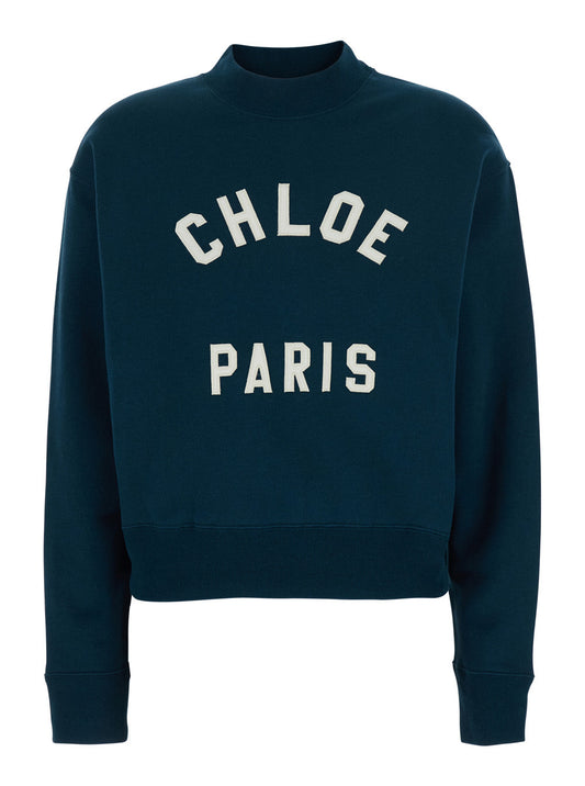Chloé Women Crewneck Sweatshirt With Logo Lettering Print In Blue For Women
