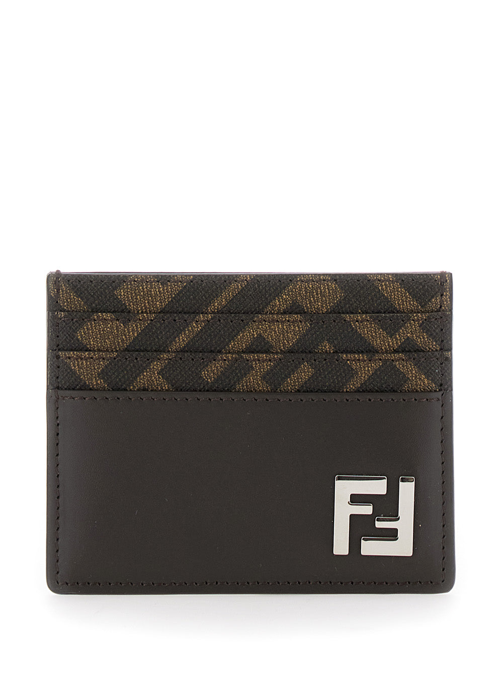 Fendi Men Squared Ff Card Holder In Leather And Ff Canvas Brown Men
