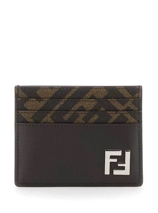 Fendi Men Squared Ff Card Holder In Leather And Ff Canvas Brown Men