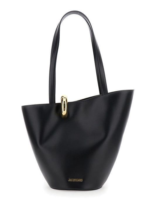 Jacquemus Women 'Le Bambola' Black Medium Shoulder Bag With Impressed Logo Lettering On The Front And Ring Closure On The Front In Leather For Women