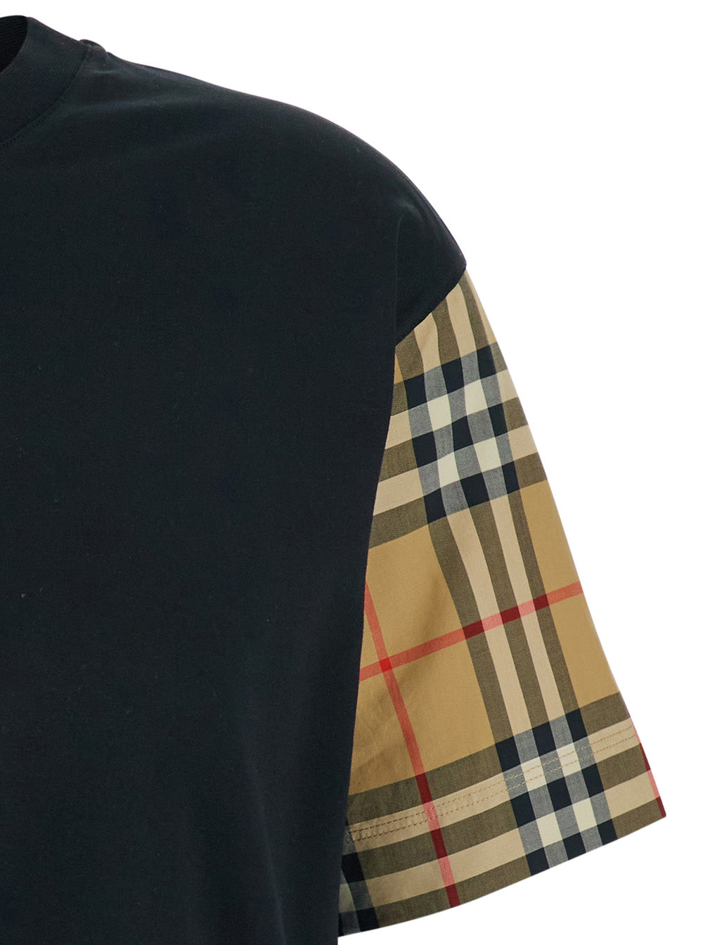 Burberry Women Black T-Shirt With Vintage Check Motif On The Sleeves In Cotton For Women