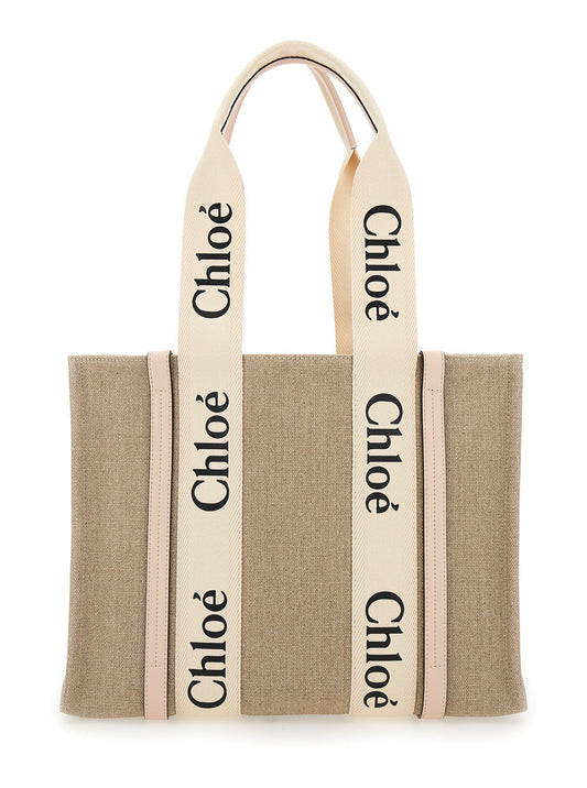 Chloé Women Handbag 'Medium Woody' With Logo In Linen Canvas Beige Woman