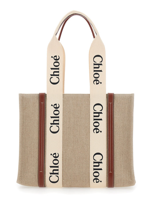Chloé Women Handbag 'Woody' Medium With Logo Lettering On The Front In Beige Linen For Women