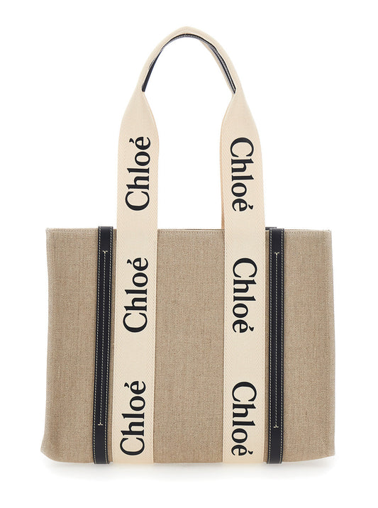 Chloé Women Handbag 'Medium Woody' With Logo Lettering On The Front In Beige Linen For Women