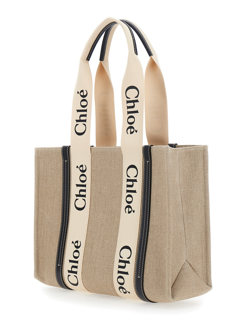 Chloé Women Handbag 'Medium Woody' With Logo Lettering On The Front In Beige Linen For Women