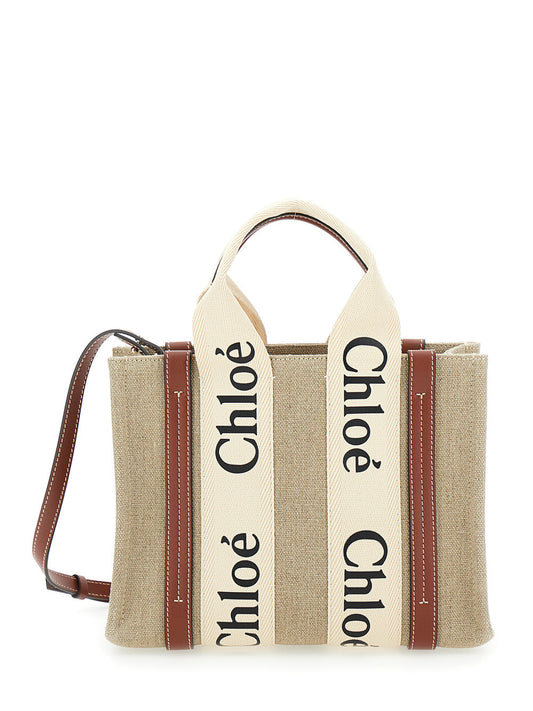 Chloé Women Tote Bag 'Woody' With Logoed Straps In Canvas And Leather Beige Woman
