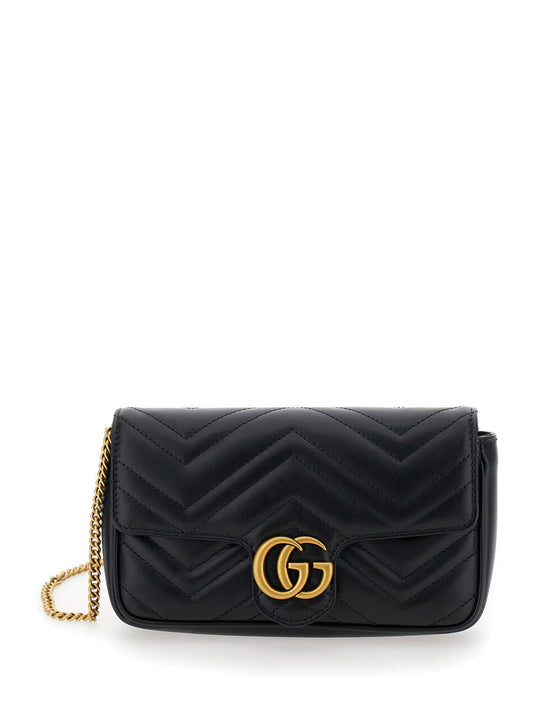 Gucci Women Mini Crossbody Bag 'Gg Marmont 2.0' With Double G In Black Chevron Leather For Women
