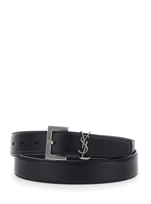 Saint Laurent Women Belt With Cassandre Plate On The Front And Square Buckle In Black Leather For Women