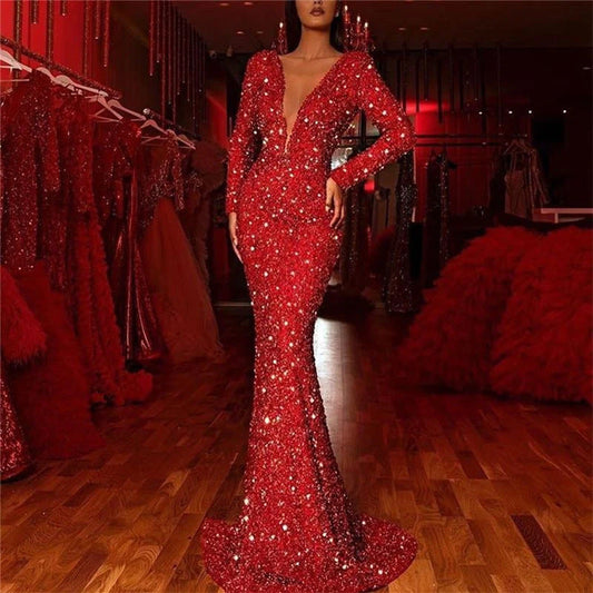 Spring Women Clothing Sheath Dress Fishtail Edge Red Paillette Long Sleeve V neck Dress