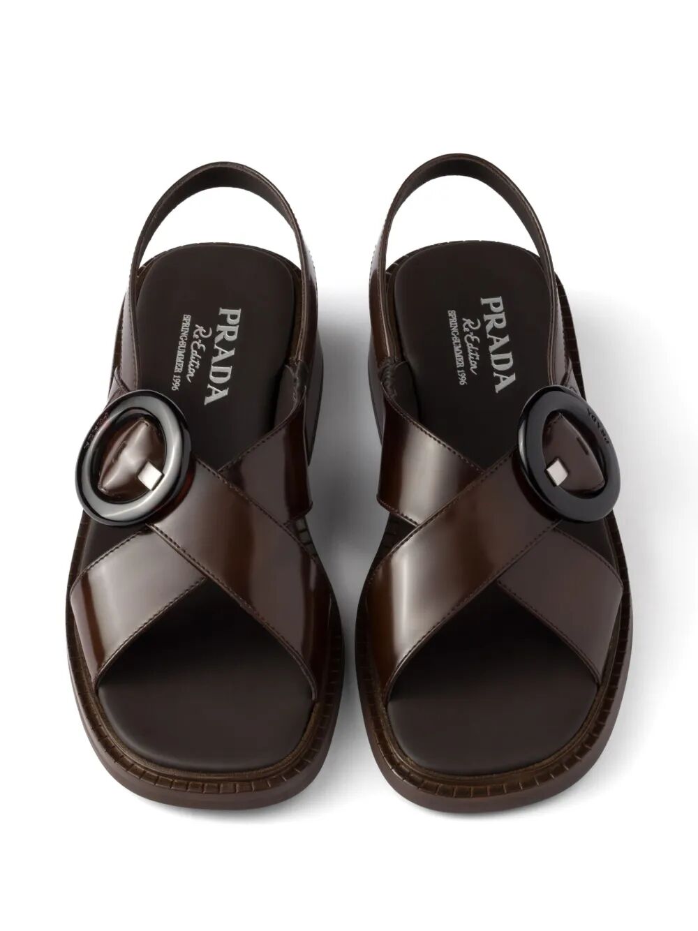 Prada Women Brushed Leather Crisscross Band Sandals With Plexiglas Buckle