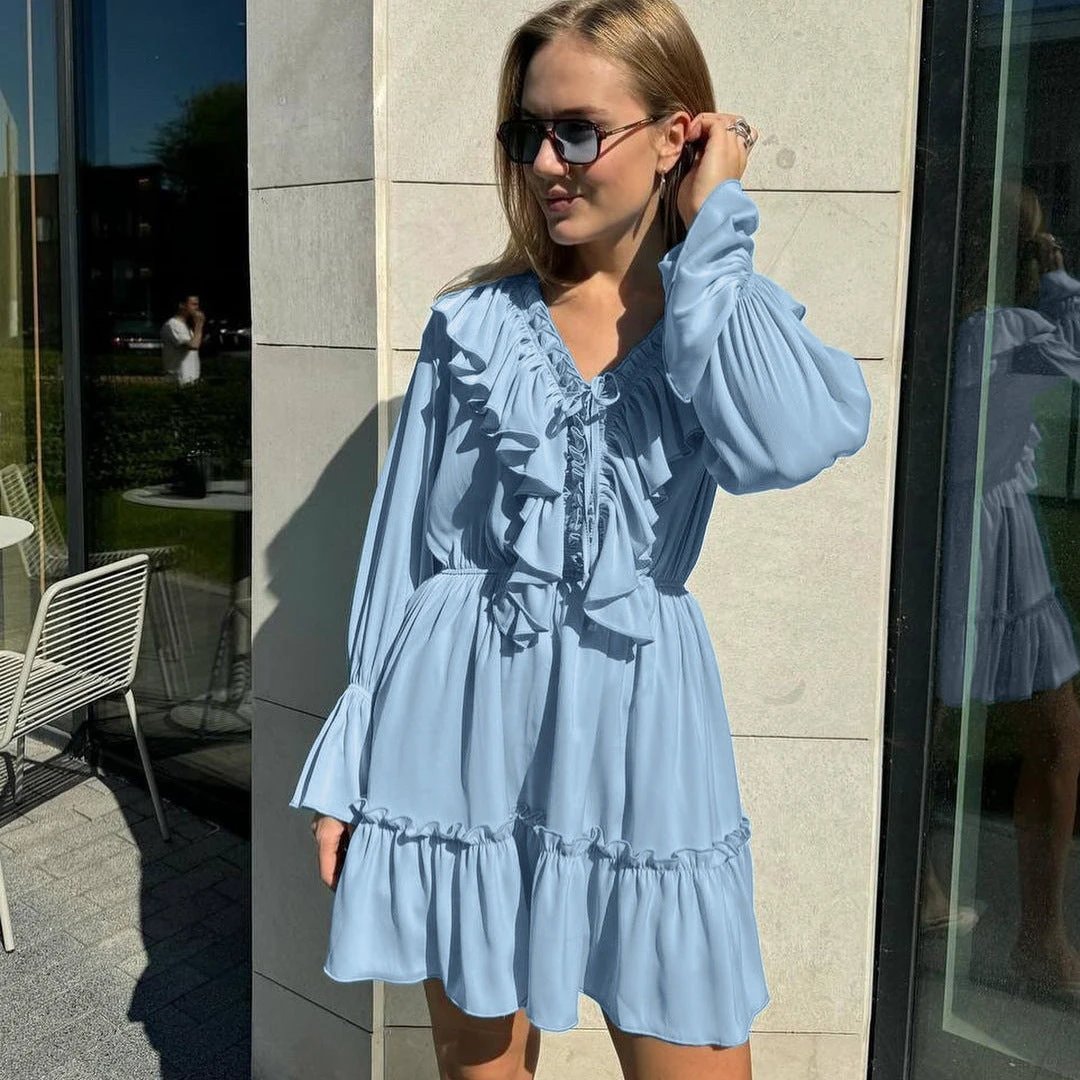 V Neck Pleated Ruffle Dress - Y2K Flared Sleeve Short Dress