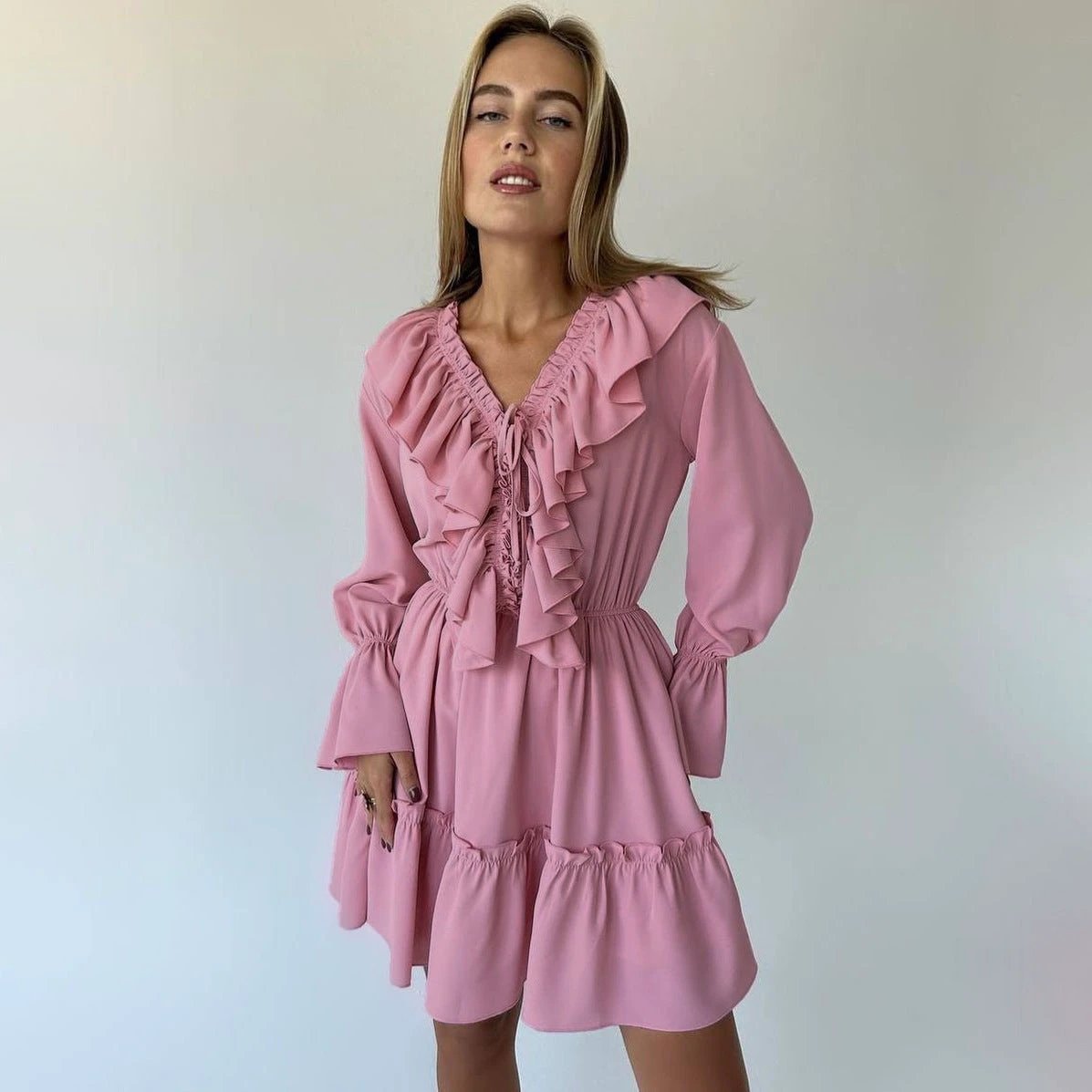 V Neck Pleated Ruffle Dress - Y2K Flared Sleeve Short Dress