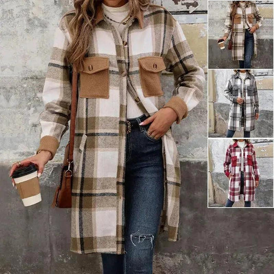 Brushed Plaid Long Coat with Pockets - Women's Winter Jacket