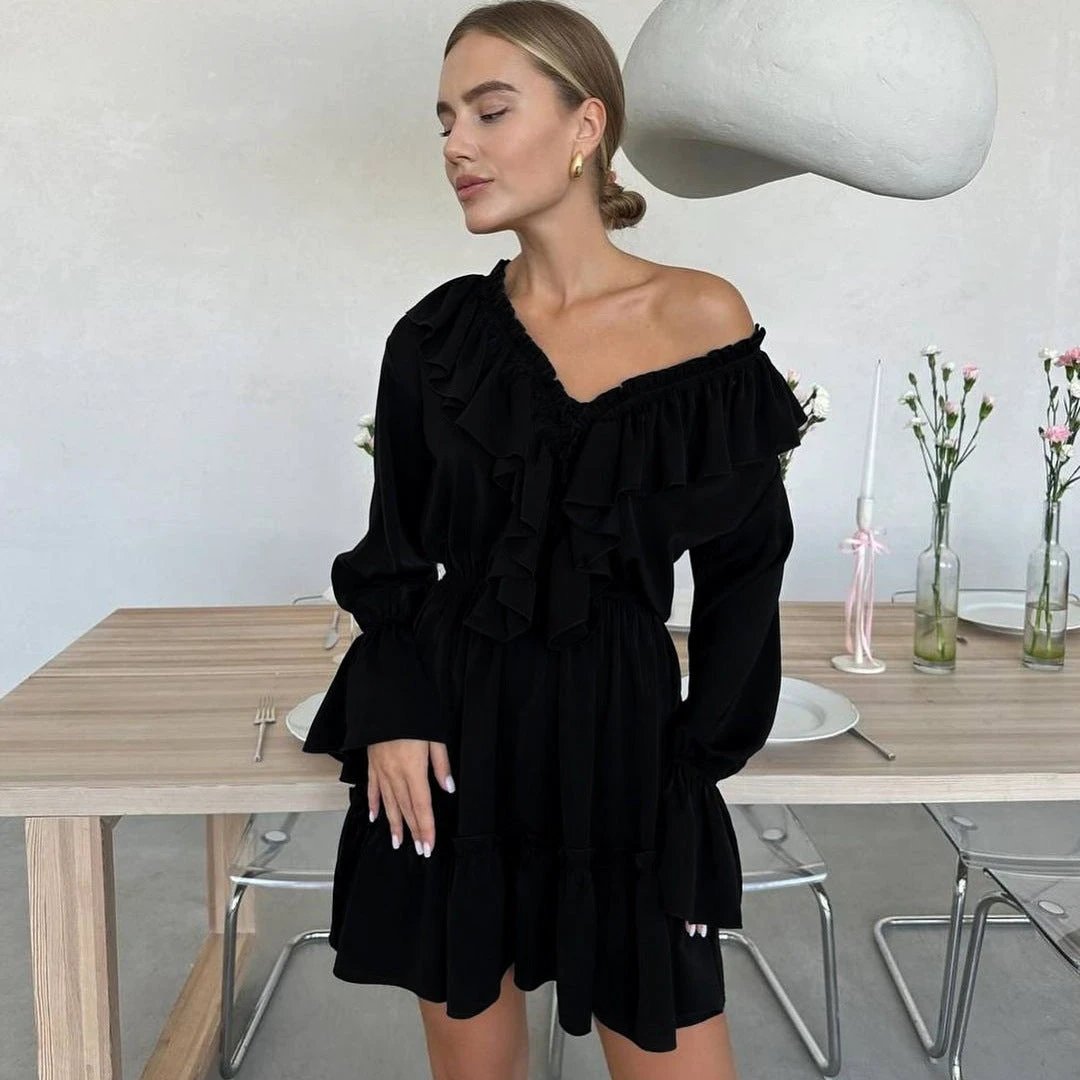 V Neck Pleated Ruffle Dress - Y2K Flared Sleeve Short Dress