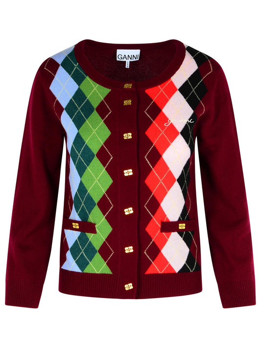 Ganni Burgundy Merino Wool Blend Check Cardigan Women