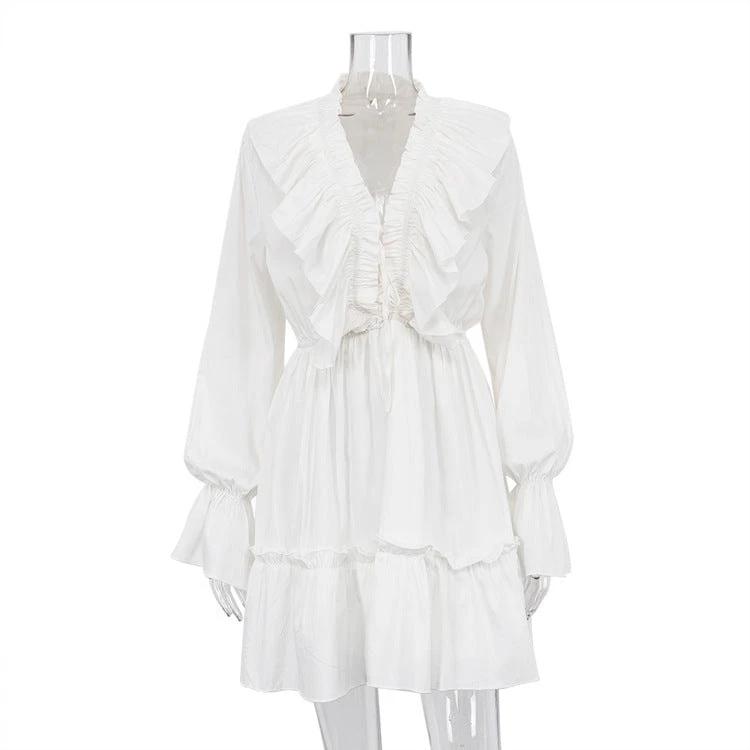 V Neck Pleated Ruffle Dress - Y2K Flared Sleeve Short Dress