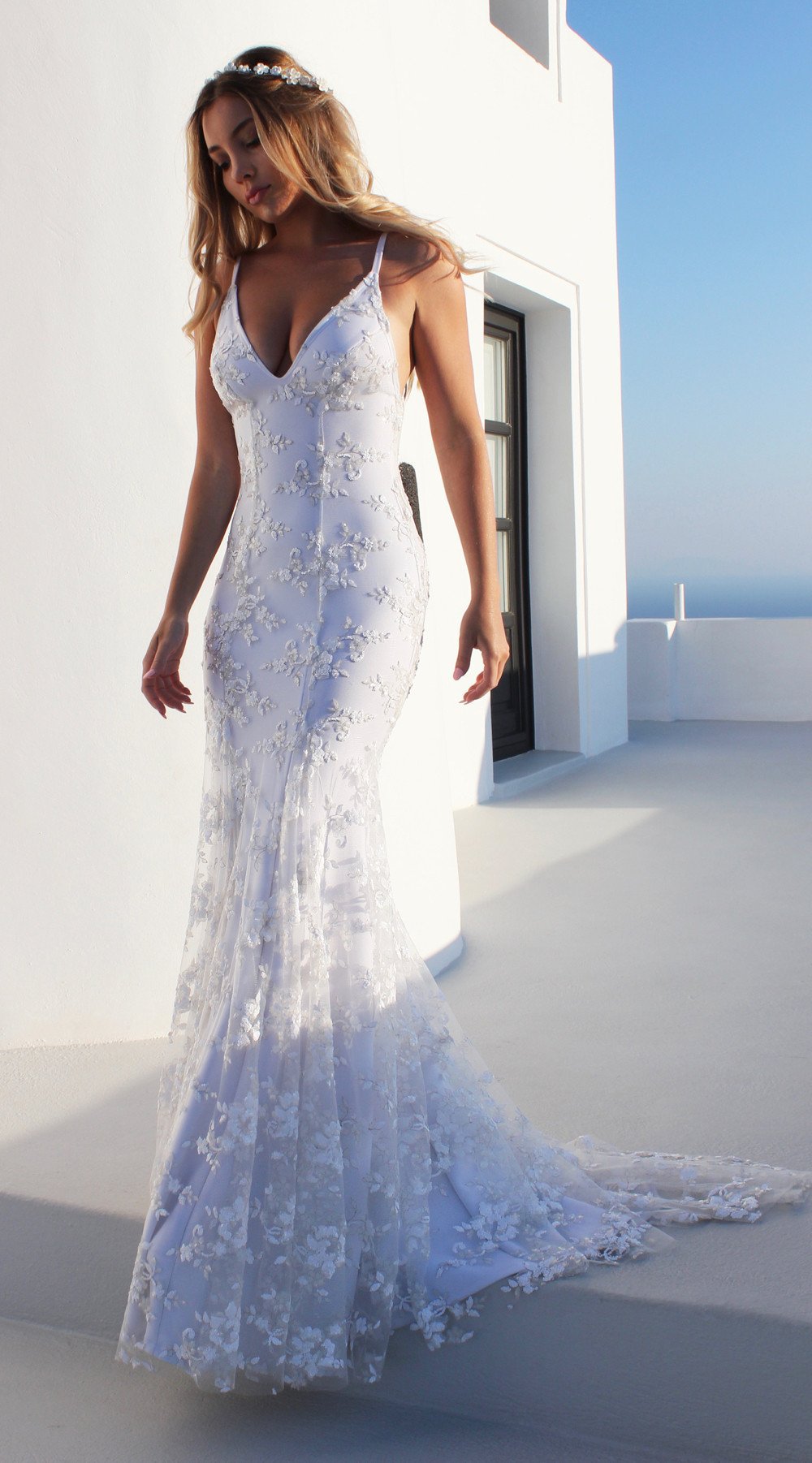 Women Sexy V neck White Cami Maxi Dress