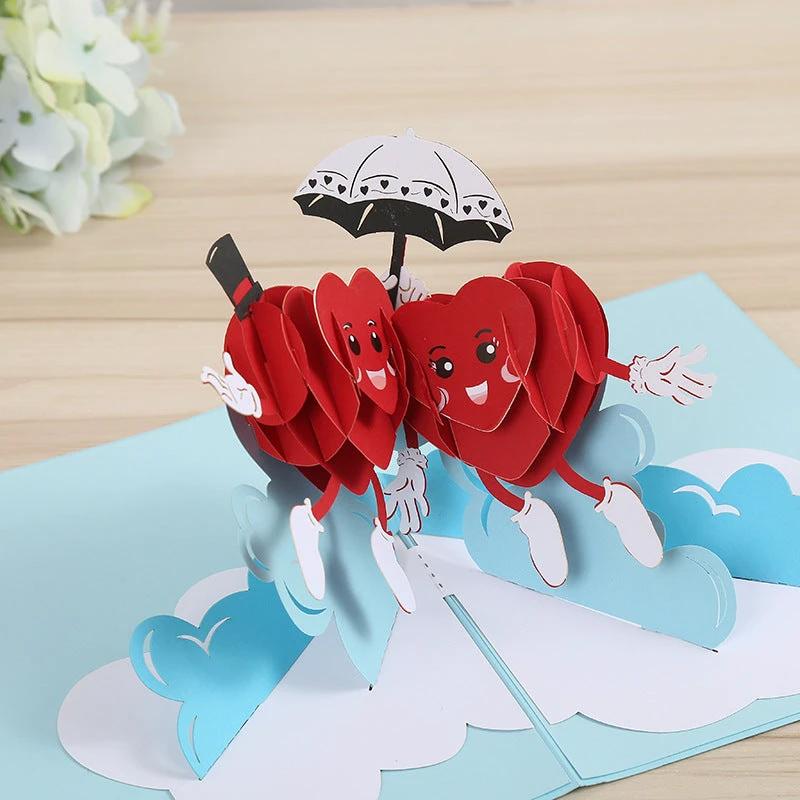 3D Laser-Cut Engagement Card: Red Heart & Romantic Silhouette
