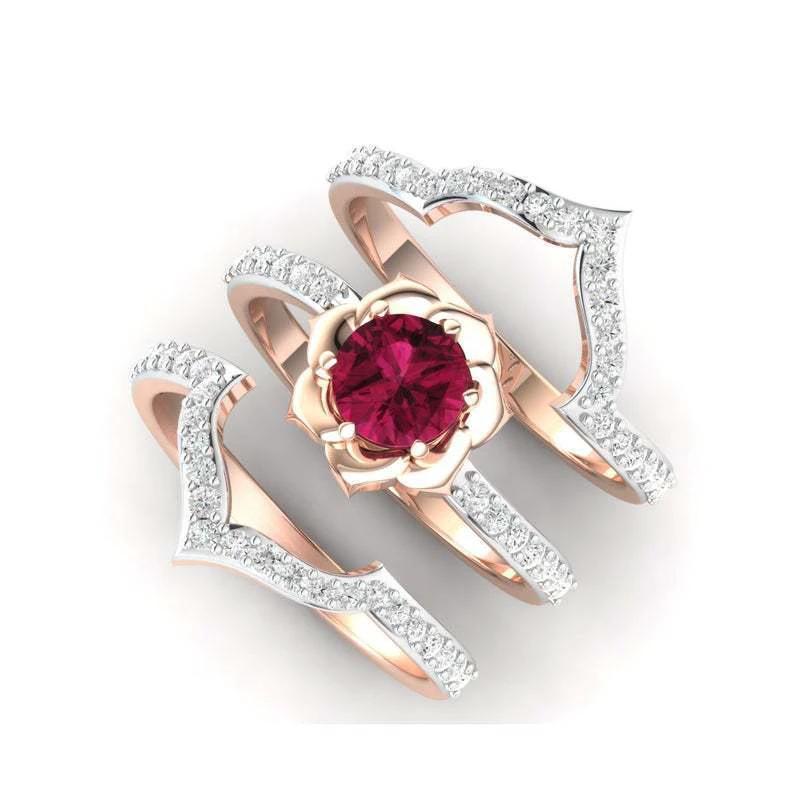 Rose Gold Flower Ring - Exquisite Engagement Wedding Band Set