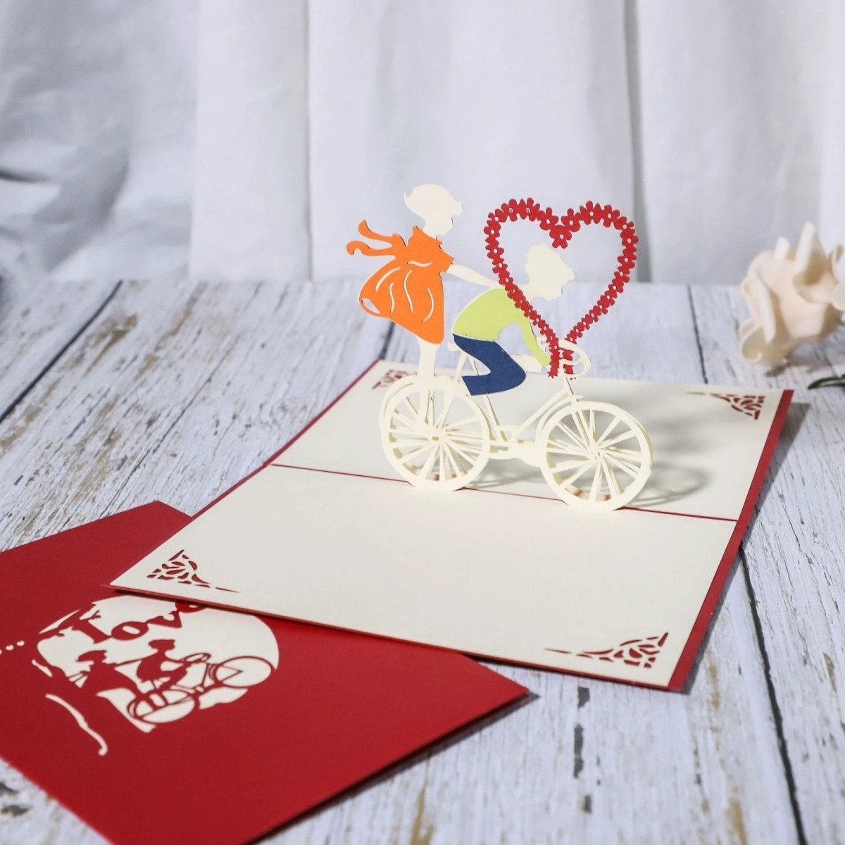 3D Laser-Cut Engagement Card: Red Heart & Romantic Silhouette