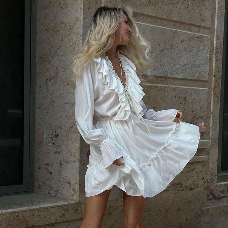 V Neck Pleated Ruffle Dress - Y2K Flared Sleeve Short Dress