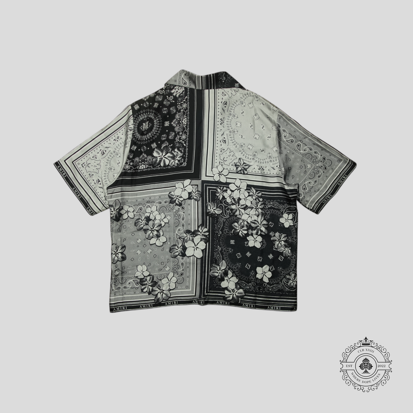 Amiri Bandana Floral Silk Button Up Bowling Shirt in Black/White