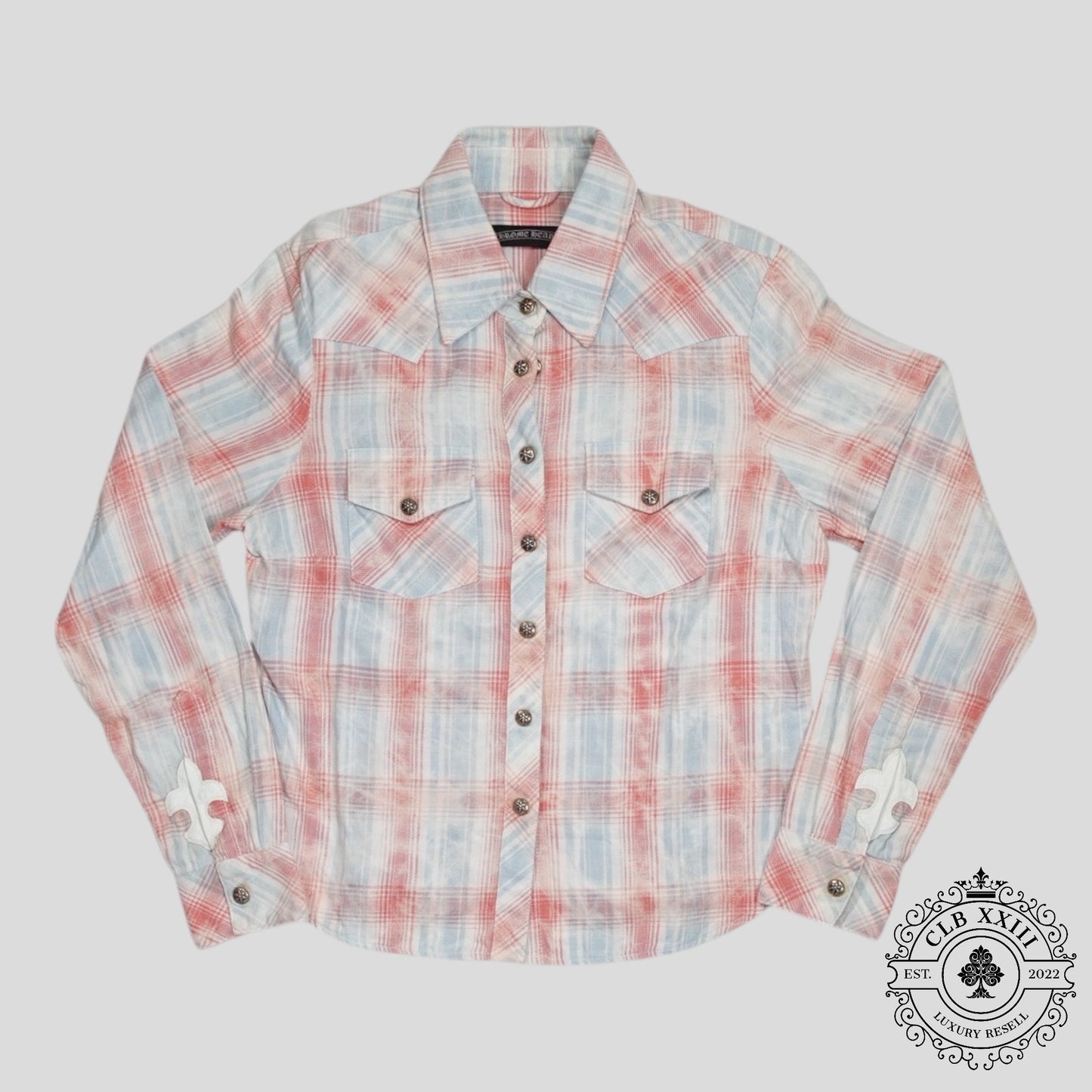 Chrome Hearts Women's Fleur Patch Flannel Shirt in Red/Blue