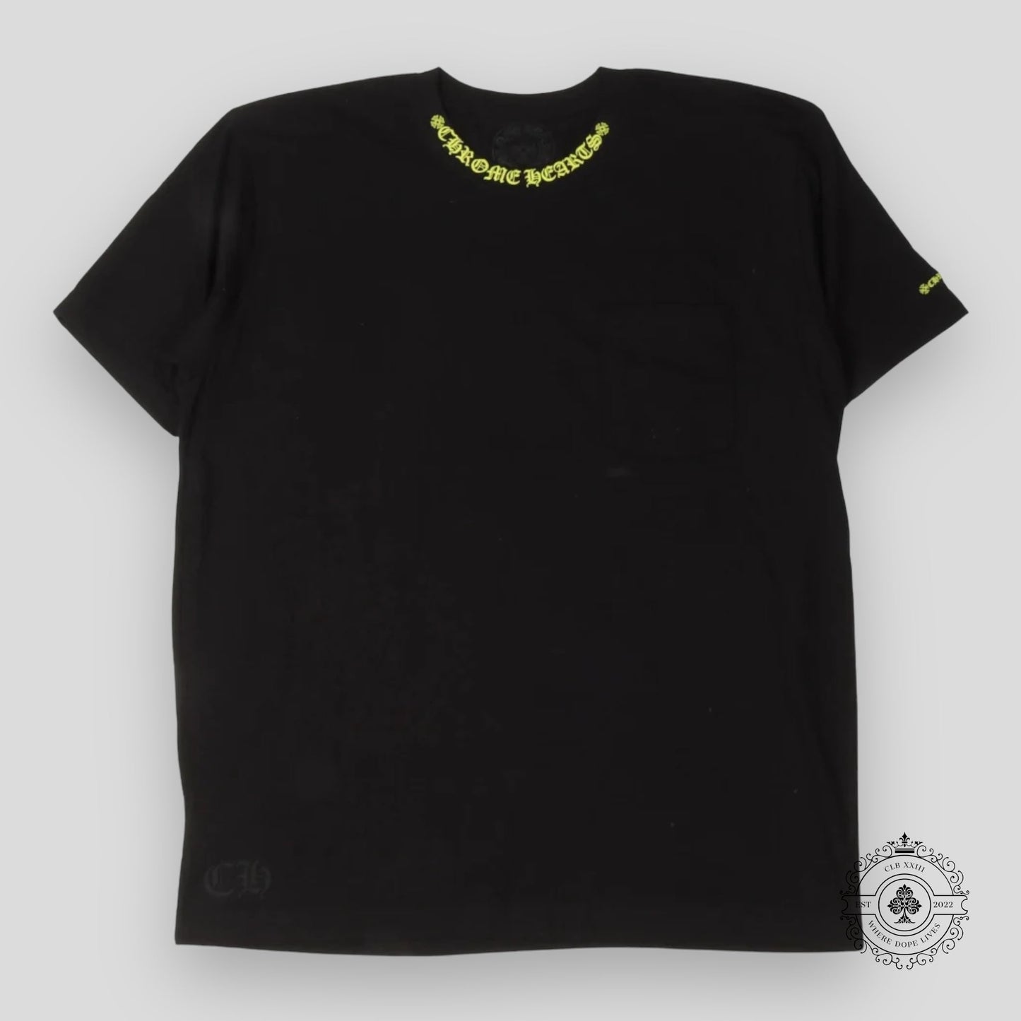 Chrome Hearts Yellow Neck Script Logo Tee in Black