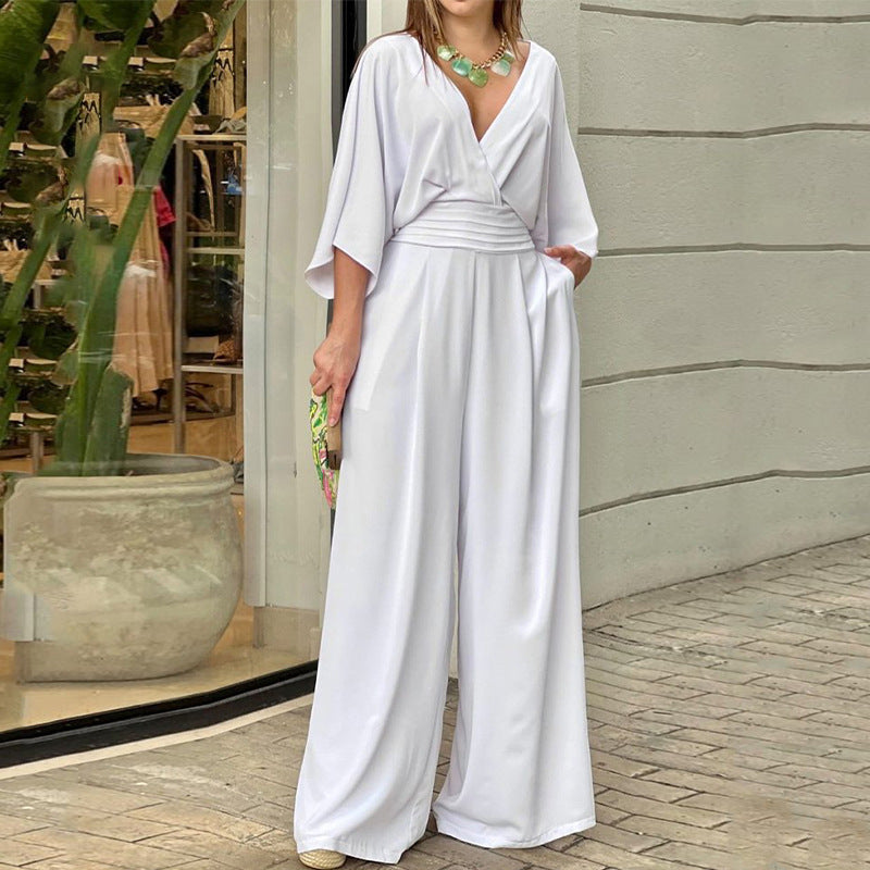 Summer Elegant Clothing Women Solid Color Short Sleeve Casual V Neck Jumpsuit