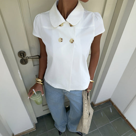 Spicy Girl Elegant Button Short Sleeve Shirt T shirt Top Women Clothing Summer