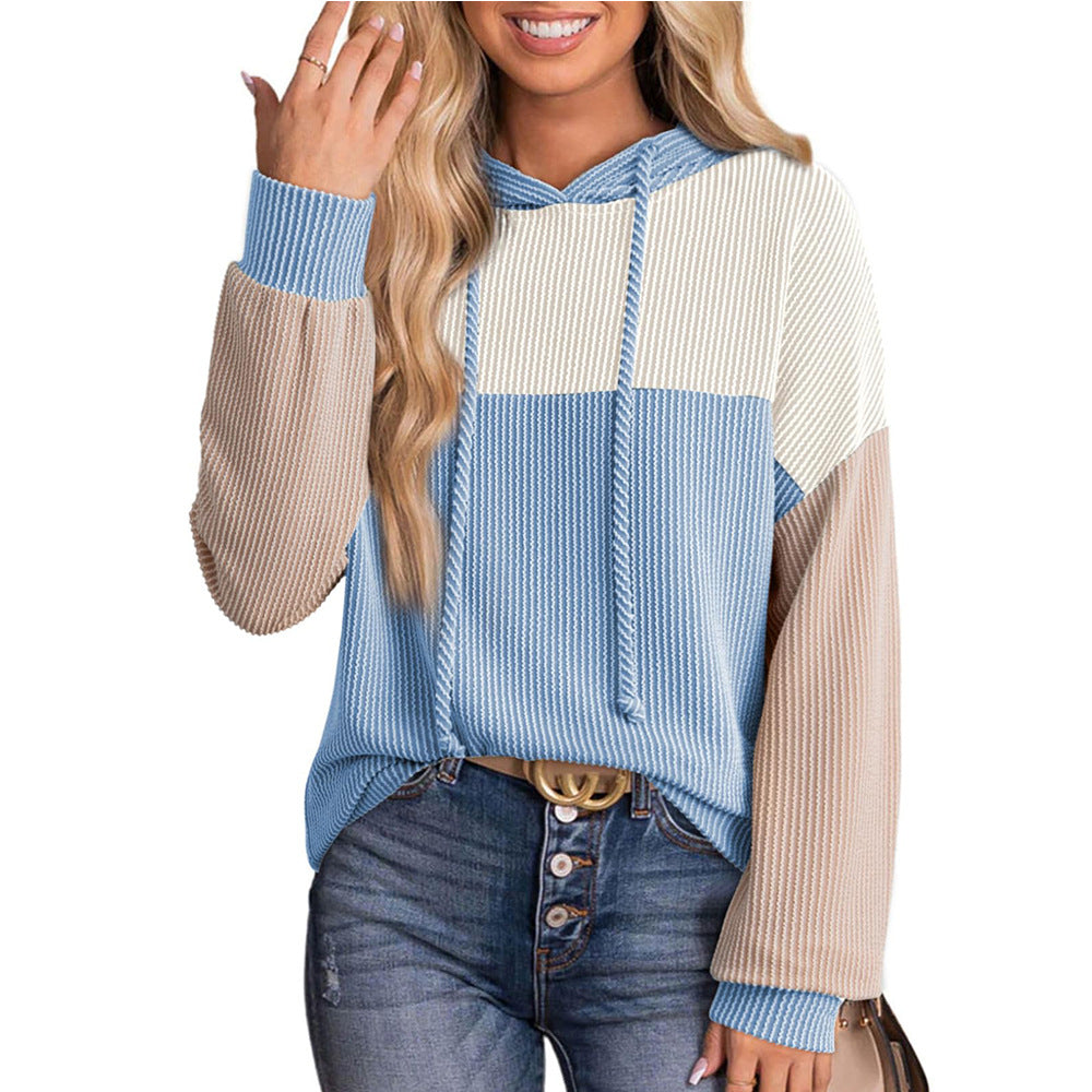 Autumn Winter Twist Strip Color Matching Long Sleeve Hoodie Loose Sweater