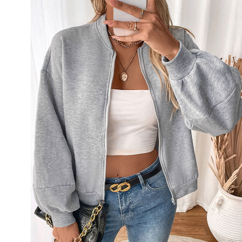 Retro Casual Simple Baseball Collar Long Sleeve Solid Color Thickened Coat Women