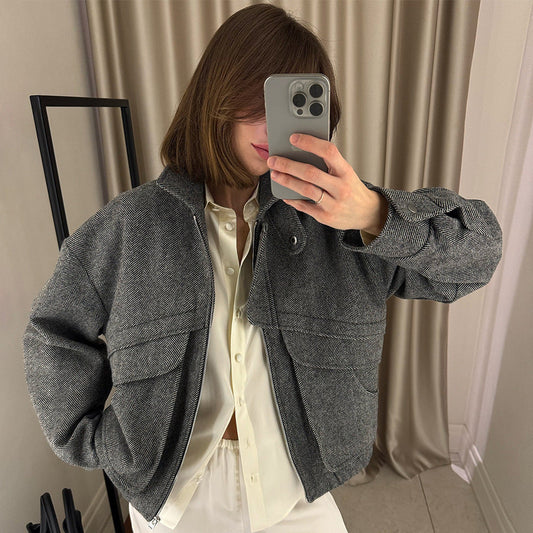 Herringbone Pattern Stand Collar Jacket Autumn Winter Zipper with Pocket Top Loose Woolen Coat