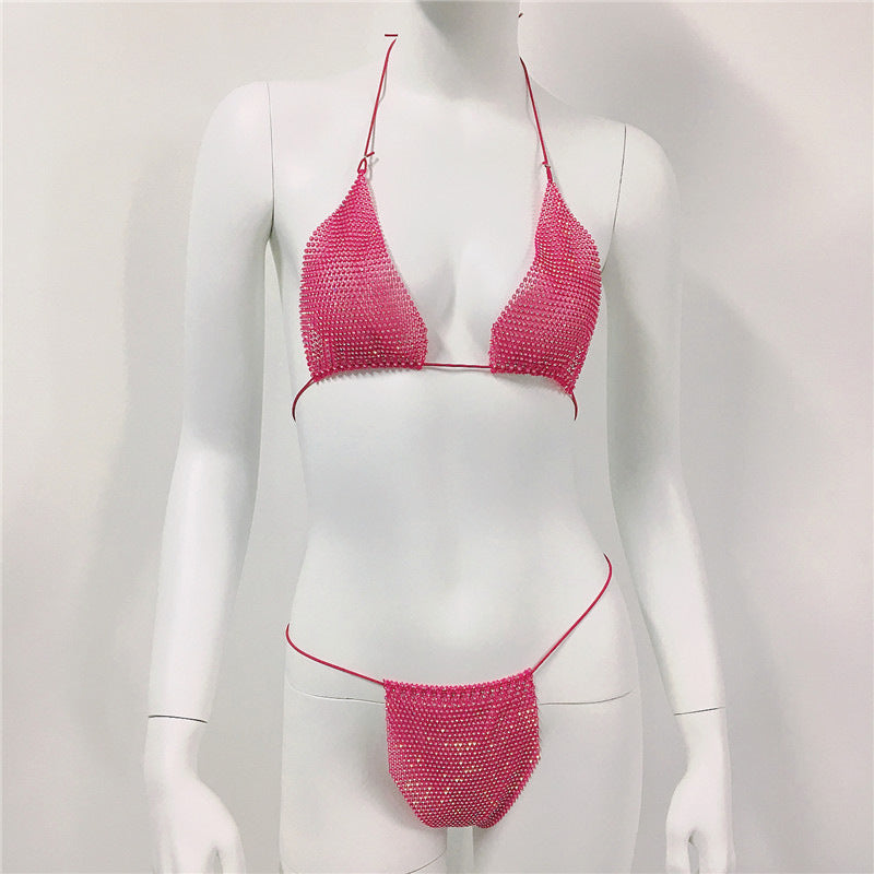 Women Clothing Rhinestone Bikini Set Carnival Sexy Lace Up Outdoor Beach Split Swimsuit