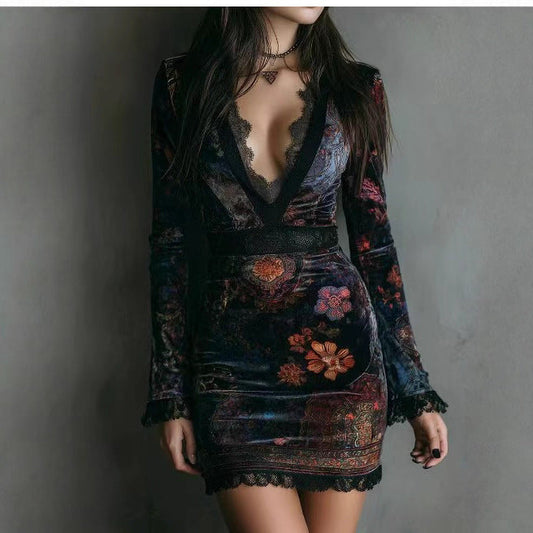 V neck Lace Printed Long Sleeved Dress Sexy Waist Trimming Hip Dress