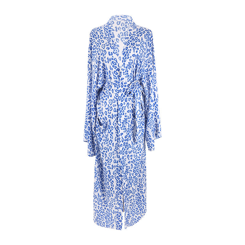 Leopard Print Long Cardigan Loose Beach Sun Protection Coat Beach Cover Up Swimsuit Outwear Women