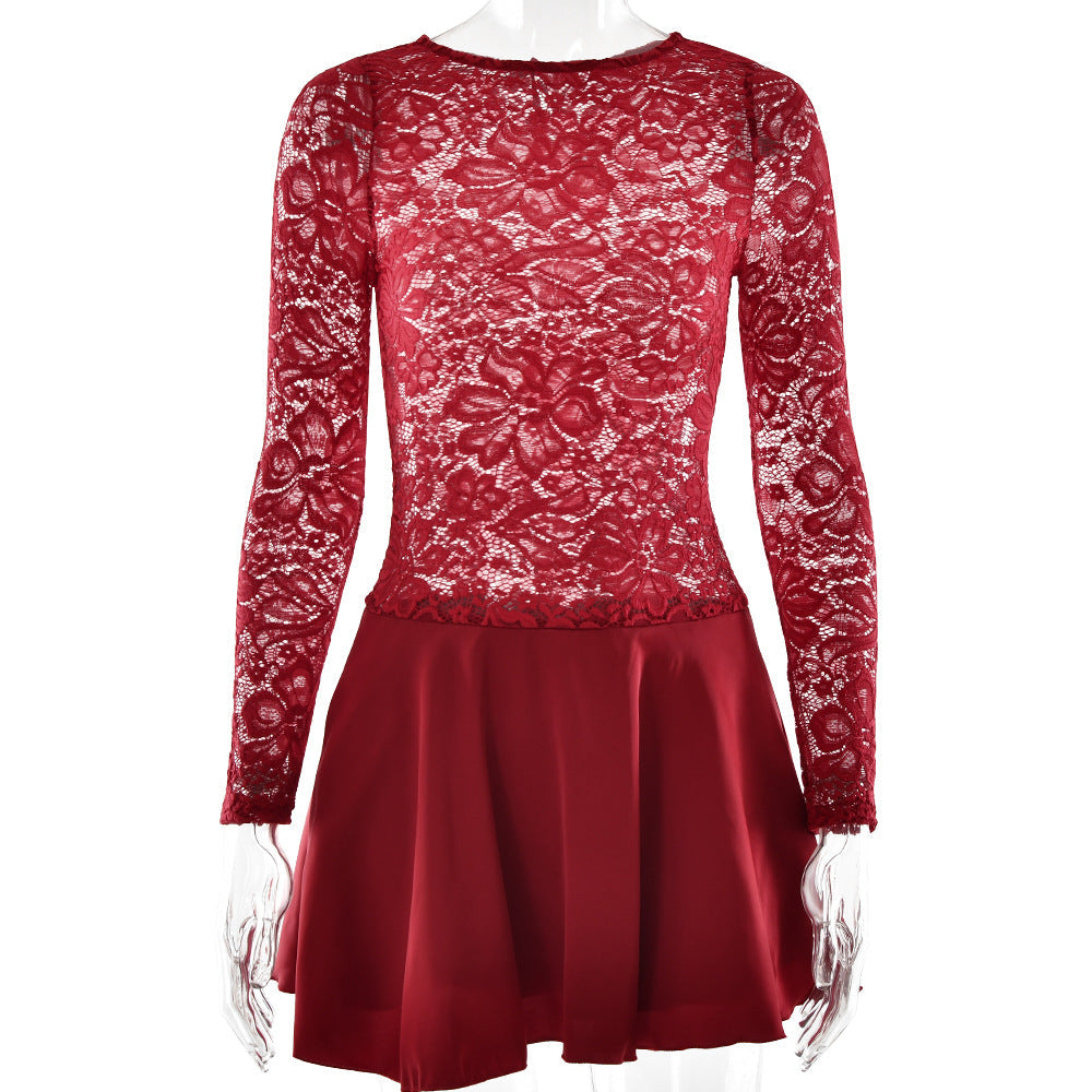 Spring Summer Lace Short round Neck Hollow Out Cutout out Slim Fitting Patchwork Ruffled Long Sleeve Dress