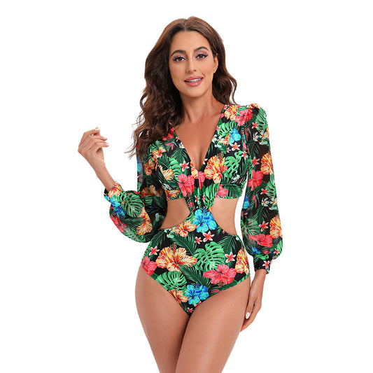 Swimsuit Backless Long Sleeve One Piece Swimsuit High Waist Tied V neck Swimsuit Women Bikini