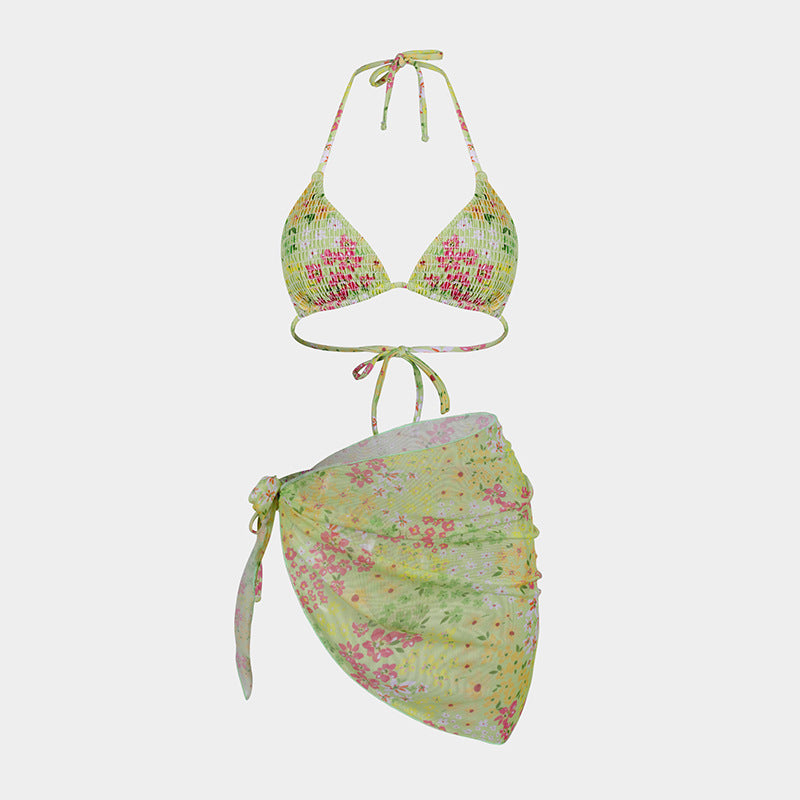 Printed Bikini Three Piece Gauze Skirt Split Sexy Vacation Bikini Swimsuit