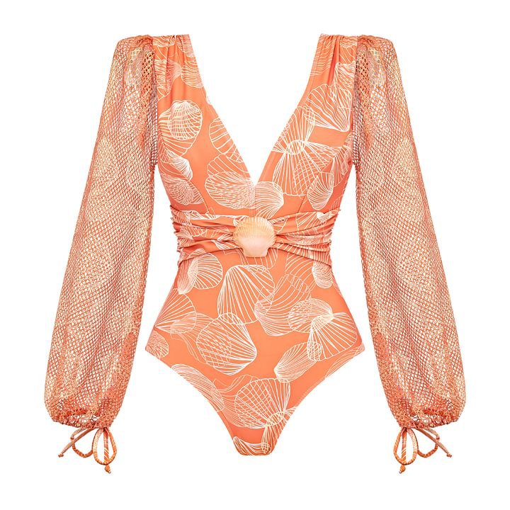 V neck Shell Decorative Mesh Long Sleeve One Piece Swimsuit Women