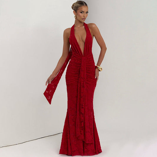 Lace Pleated Maxi Dress Women Sexy Deep V Plunge neck Backless Sheath Dress