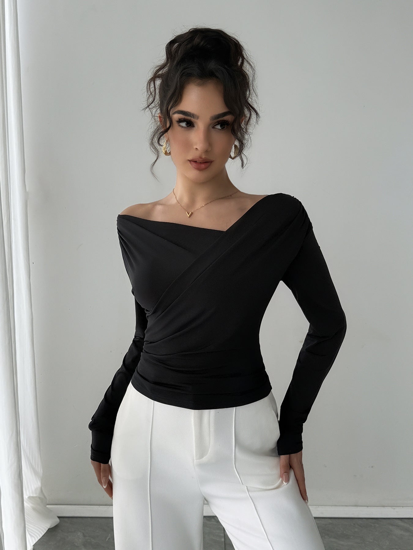 Autumn Winter Solid Color Shoulder Collar Shoulder Baring Slimming Long Sleeve All Match Office Top