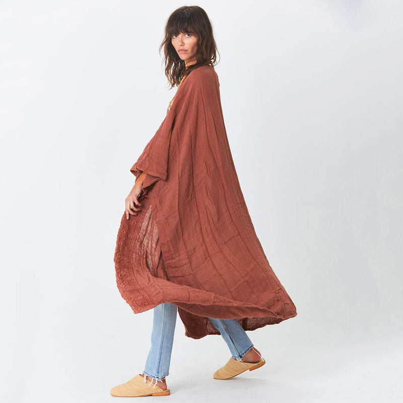 Rust Red Lace Cardigan Loose Beach Sun Protection Coat Beach Cover Up Swimsuit Outwear Women