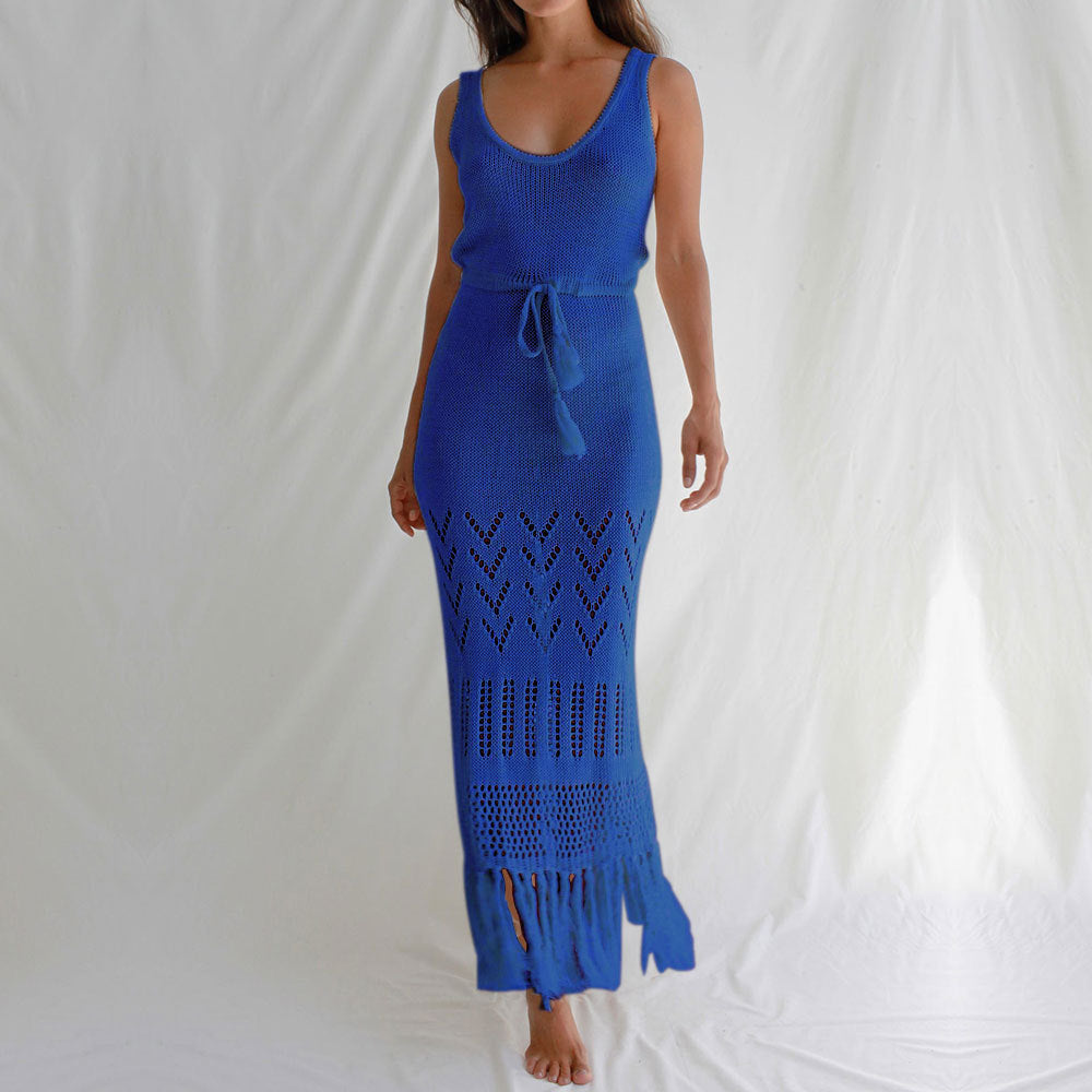 Sunscreen Beach Dress Hollow Out Cutout out Strap Women Maxi Dress with Tassel Bikini Swimsuit Blouse