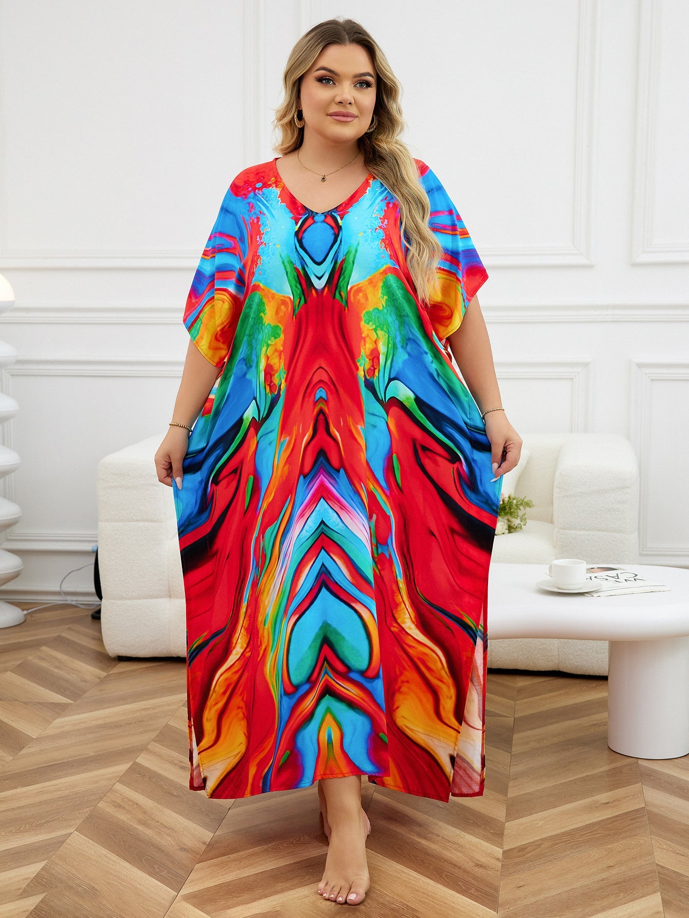 Rayon Positioning Print Holiday Loose Robe Beach Jacket Dress Bikini Cover up Blouse