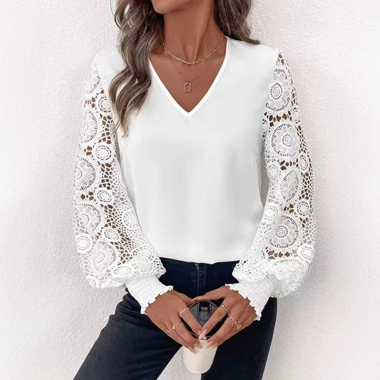 Solid Color Stitching Embroidery Long Sleeve V neck Spring Summer Elegant Graceful Women Top