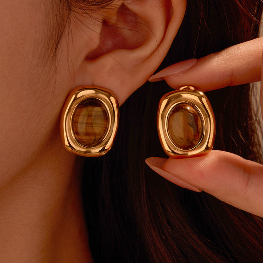 French Old Money Tigereye Oval Earrings Women Atmosphere Elegance Retro Earrings Earrings